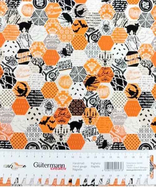 20260908_165838-1-600px Patchwork - Meterware - Halloween - Hexagon schwarz orange - Happy Haunting