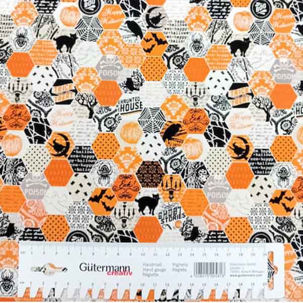 Patchwork - Meterware - Halloween - Hexagon schwarz orange - Happy Haunting